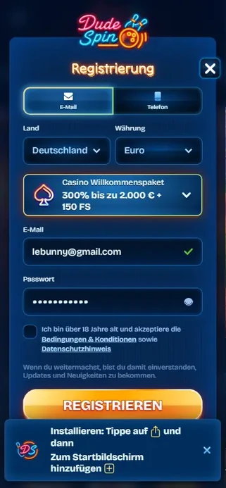 Anmeldeformular für Le Bunny um Echtgeld